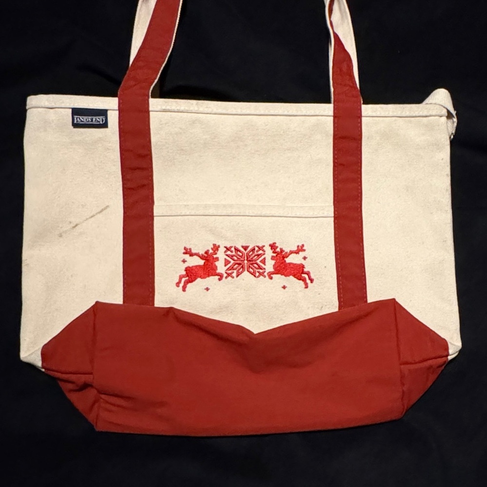 LANDS END Christmas Red and Cream Reindeer Boat Tote Bag